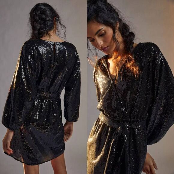 NWT ANTHROPOLOGIE LISABETTE SEQUIN GLITZ WRAP MINI STATEMENT DRESS BLACK LBD XS - Picture 9 of 10